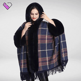 Plaid Collar Fur Poncho