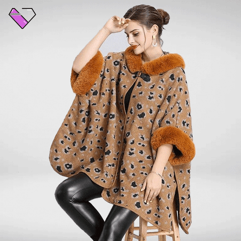 Leopard Poncho with Fur Collar