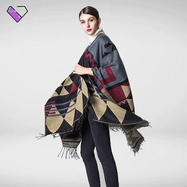 ポンチョ・ケープ Plain Structured Short Cape With Classic Collar Denim & Co. Beach Georgette Split Neck Poncho-Chestnut Multi